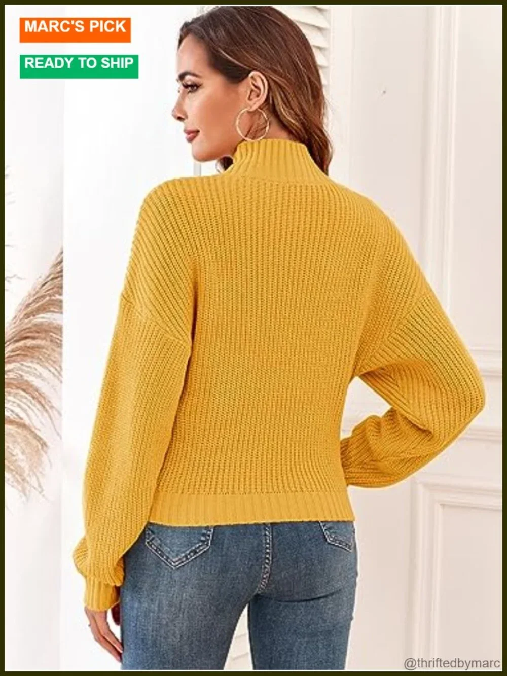 Cropped Turtleneck Sweater Lantern Sleeve Ribbed Knit Pullover Women's